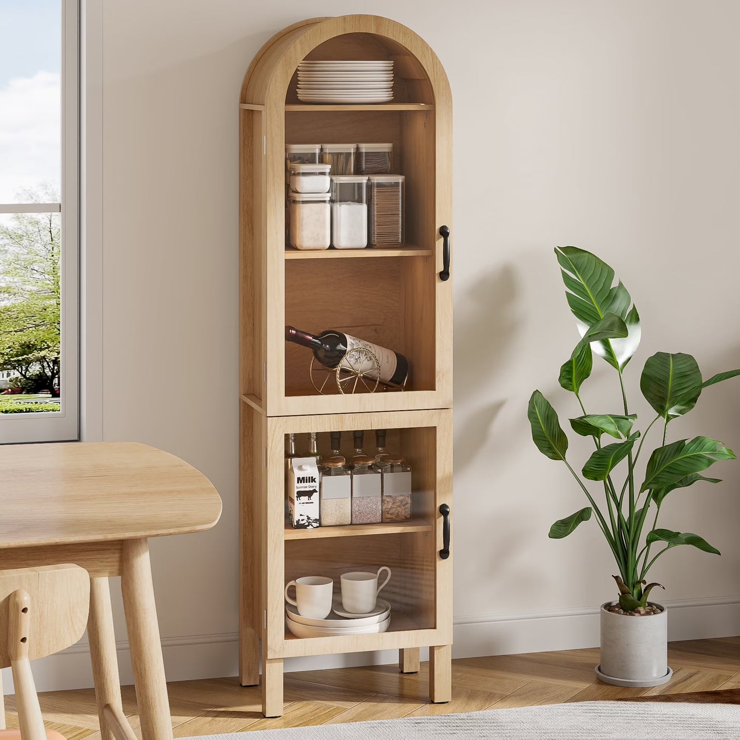 Tall Arched Storage Display Cabinet 5-Shelf with Acrylic Glass Doors, Kitchen Pantry Storage Cabinet Accent Cabinet Bookcase for Living Dining Room