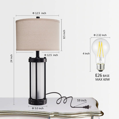 RORIA 24° F Modern Living Room Table Lamp 2-Piece Set with 2 USB Charging Ports, Built-in White Frosted Glass with Night Light, Black Vintage Rustic Farmhouse Lamp for Bedroom Nightstand Lamps