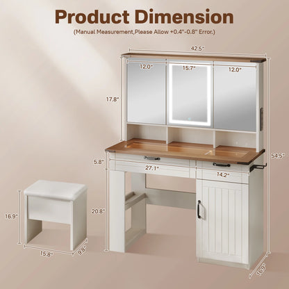 Vcatnet Vanity Table Set with Mirror and Lights Glass Top Makeup Vanity Desk with Storage Shelves and Drawers Dressing Table with LED Lights and USB Charging for Bedroom, Girls and Women