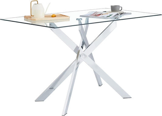 SSYBAB Glass Dining Table for 4 People, 51.2 Inches Rectangular Glass Kitchen Table with Silver Steel Legs, Modern Dining Room Table for Dinner Kitchen Dining Room