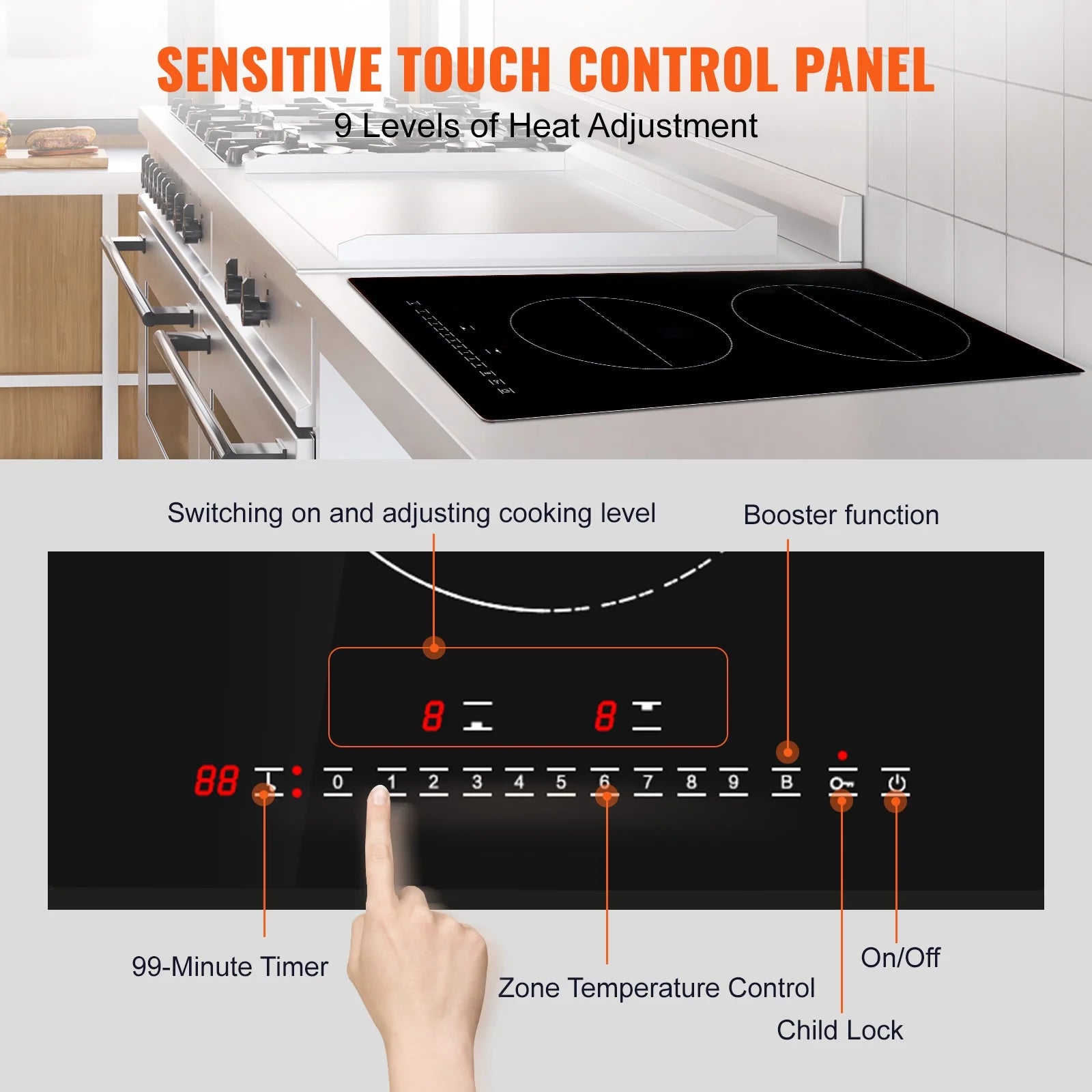 KFFKFF 2 Burner Electric Cooktop, 12 -Inch Built -In Electric Stove Top with 9 Heating Levels and Touch Control, Easy To Clean Ceramic Glass Surface