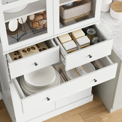 Homfa 71'' Kitchen Pantry with 5-Tier Shelves & 3 Drawers, Floor Cabinet Storage Cupboard With Display Glass Doors for Dining Room, White