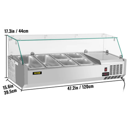 Refrigerated Condiment Prep Station, 48-inch, 10.8Qt Sandwich/Salad Prep Table w/3 1/3 Pans & 4 1/6 Pans, 146W Salad Bar w/304 Stainless Body Tempered Glass Shield Digital Panel Auto Defrost