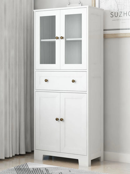 Ktaxon 64" Tall Bathroom Storage Cabinet Organizer, Freestanding Kitchen Pantry Cabinet Line Tower with 2 Glass Doors, Large Drawer & 4 Adjustable Shelves for Dining Room Living Room Home Office,White