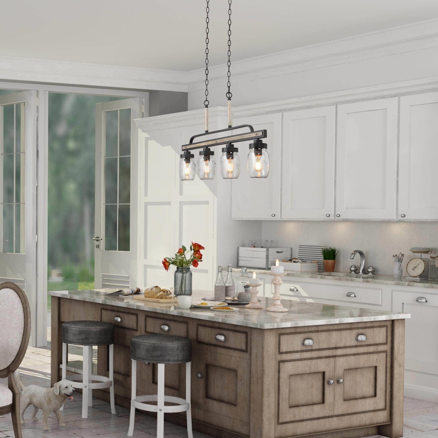 LaLuz Modern Farmhouse 4-Light Mason Jar Glass Chandelier for Kitchen Island 4 lights 25 to 36 Inches