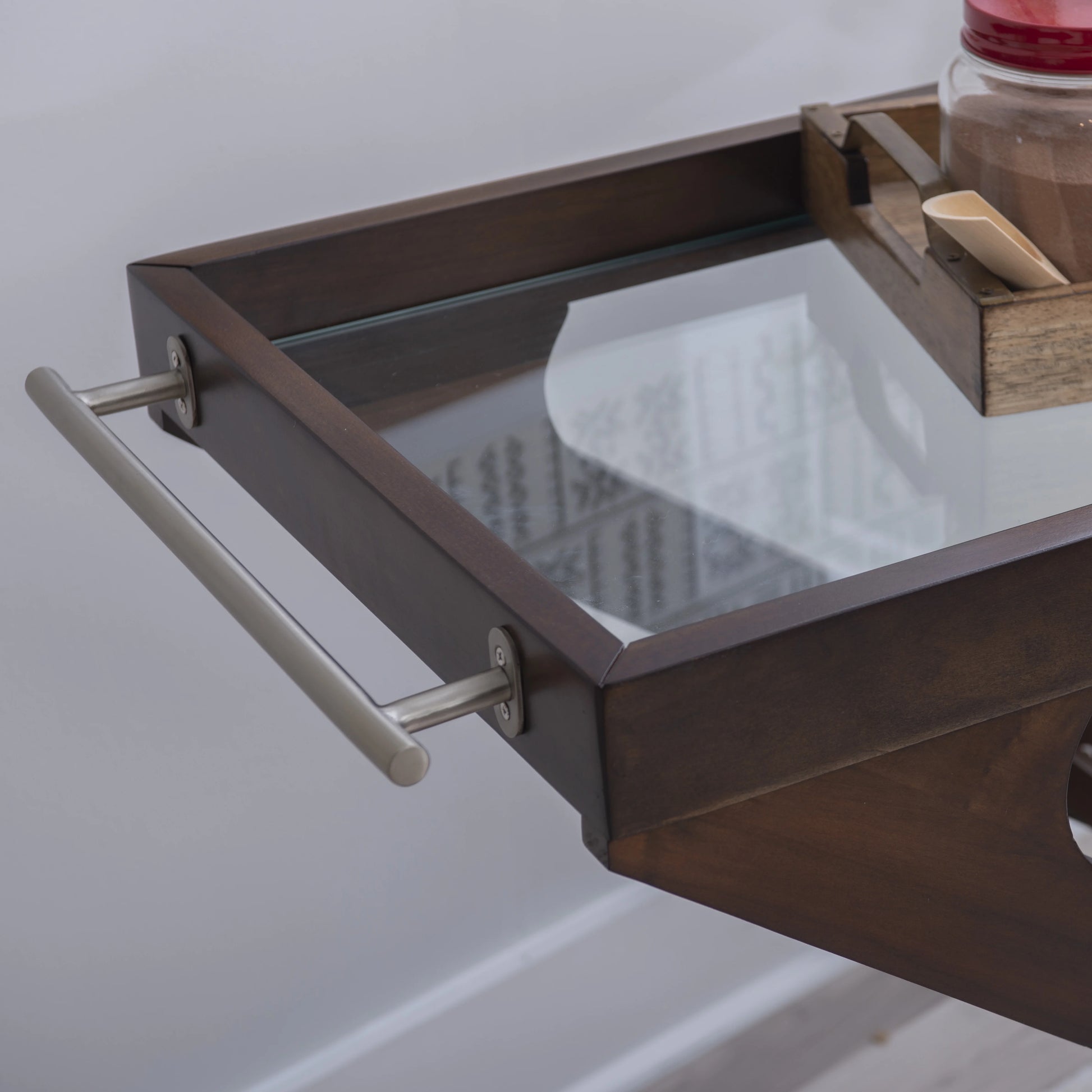 Powell Thornton 2-Tier Z-Frame Rolling Bar Cart with Glass Top, Walnut