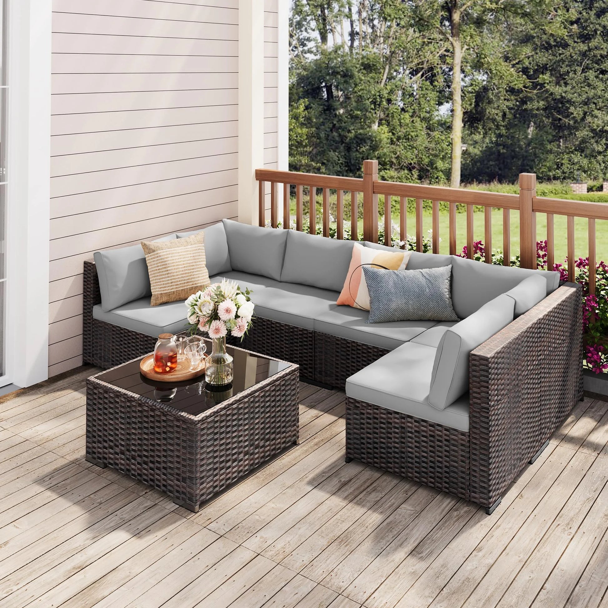 Patio Furniture Set on Sale, 7-Piece Wicker Sectional Outdoor Sofa Set with Glass Table & Water-Resistant Cushions, All-Weather PE Rattan for Backyard, Poolside, Garden (Gray)