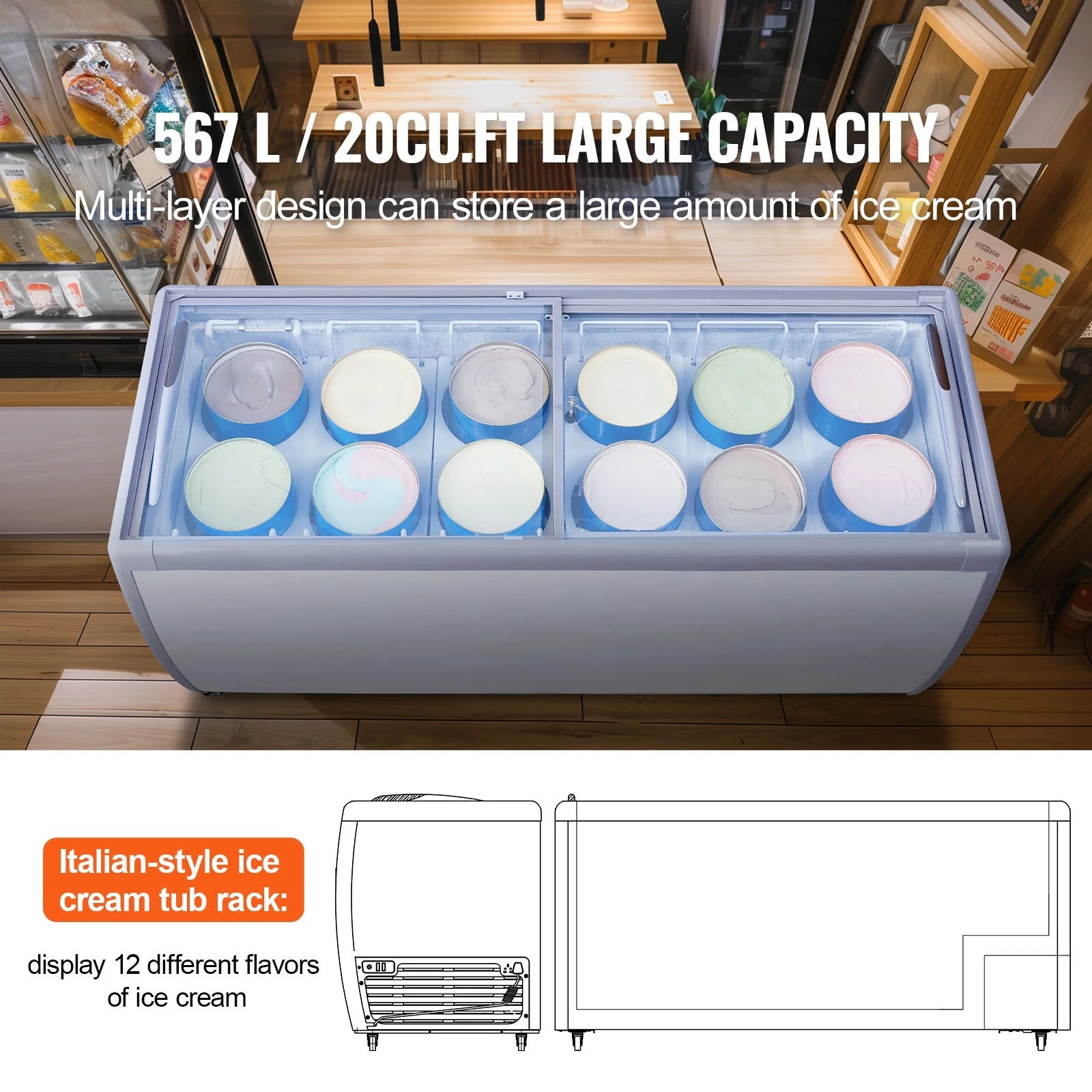 KFFKFF Professional Ice Cream Showcase, 20 Cu.ft Storage Freezer, Portable Transparent Lid Deep Freezer, Diner Sorbet Serving Cabinet with 12 Spacious Tubs,Dual Slide Glass Doors,Secure Casters,White