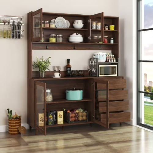 Kitchen Pantry Storage Cabinet with Hutch 25 inch Wide Tall Freestanding Food Kitchen Cabinet Pantry Cupboard with Reeded Glass Doors, Pegboard, Countertop Farmhouse 25 W x 71 H x 16 D Inch