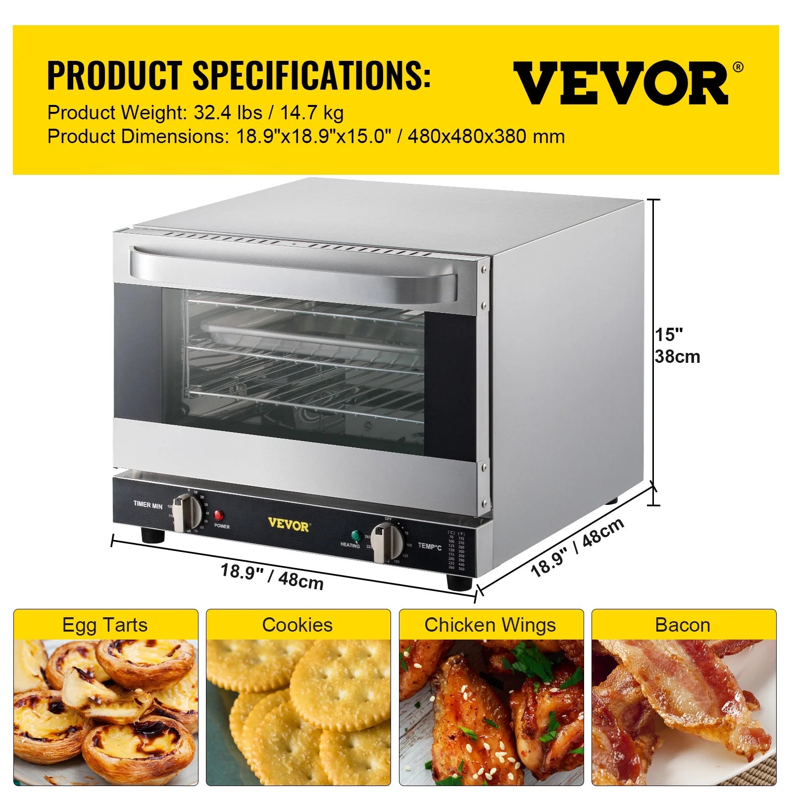 VEVOR Commercial Convection Oven,21L/19Qt,Quarter-Size Conventional Oven Countertop,1440W 3-Tier Toaster with Front Glass Door,Electric Baking Oven with Trays Wire Racks Clip Gloves