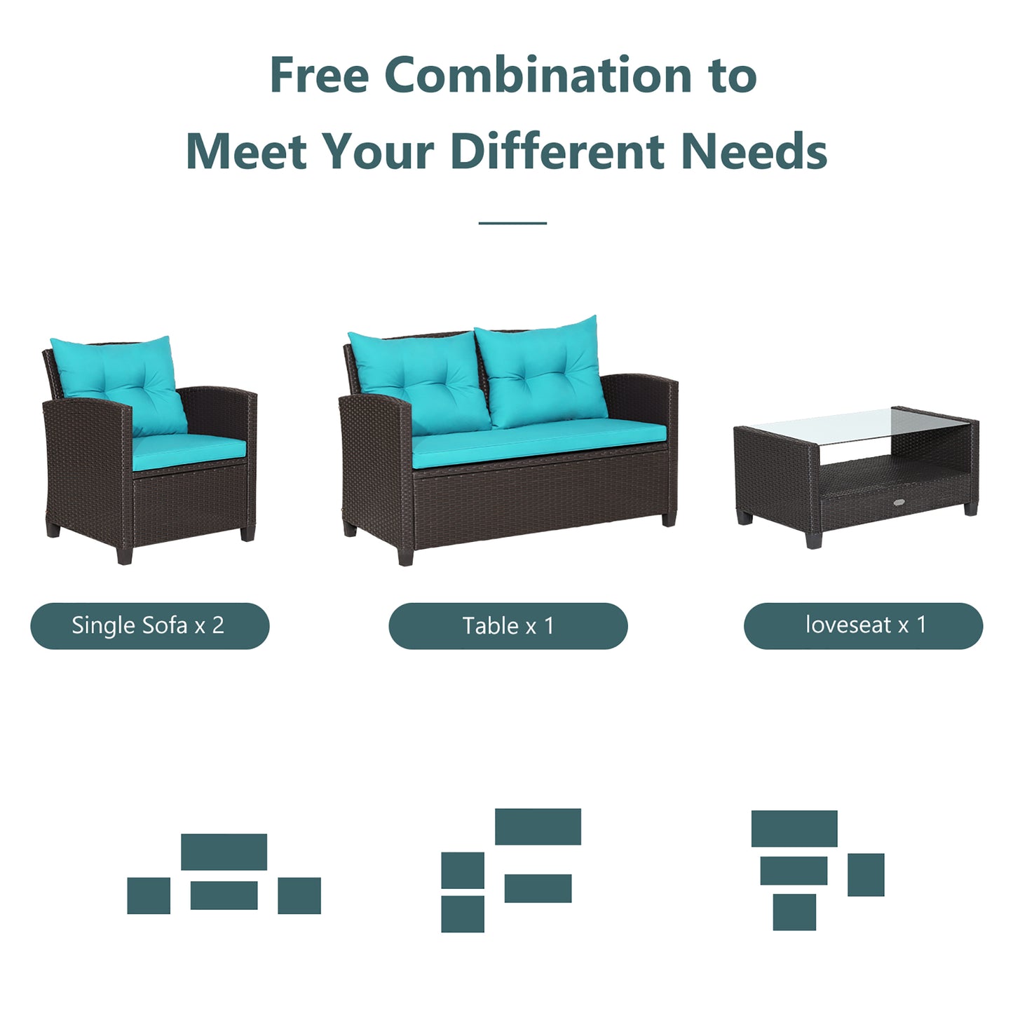 Costway 8 PCS Patio Rattan Furniture Set Glass Table Shelf Sofa Cushion Turquoise
