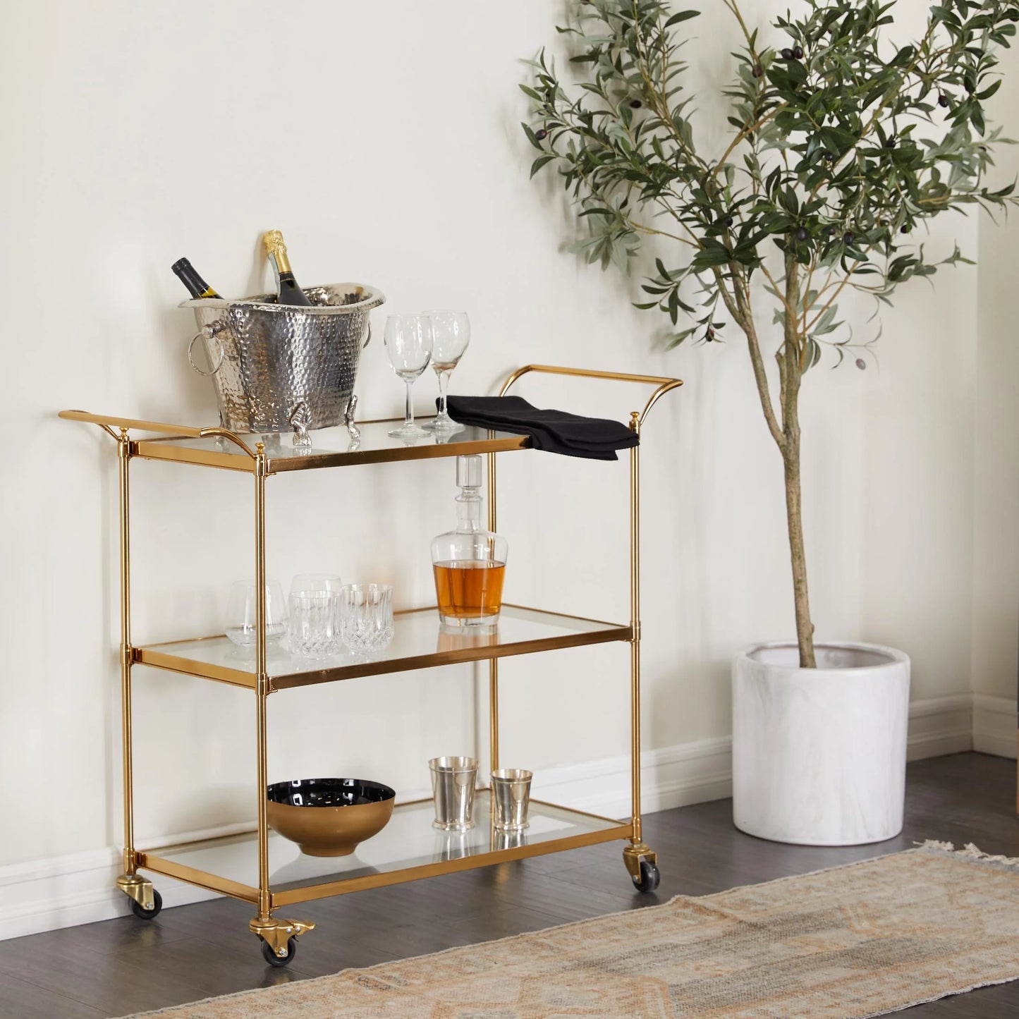 DecMode Traditional 3 Tier Gold Metal Bar Cart with Transparent Glass Shelves, 38"W x 31"H