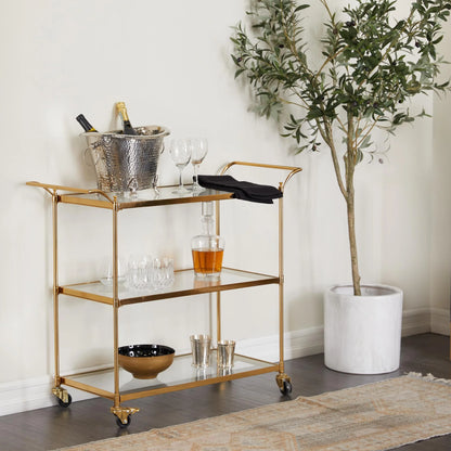 DecMode Traditional 3 Tier Gold Metal Bar Cart with Transparent Glass Shelves, 38"W x 31"H