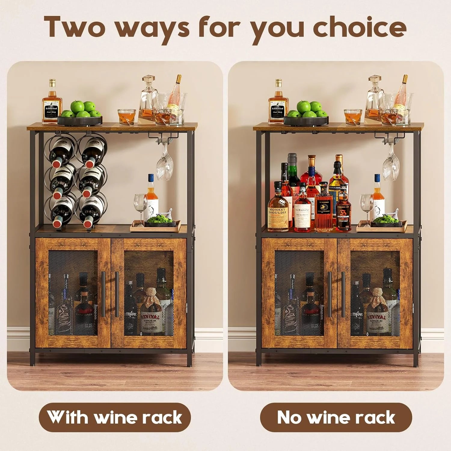 Bar Cabinet with Detachable Wine Rack, Liquor Stand for Home Bar, Mini Table with Glass Holder, Small Sideboard with Mesh Door, Storage Cabinet for Wine, Whiskey, Rustic Brown