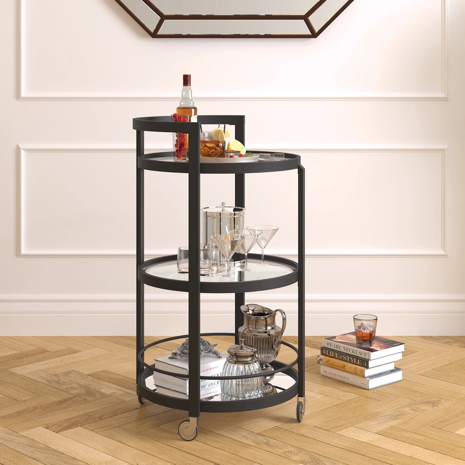 Evelyn& Zoe 21" Blackened Bronze Metal/Glass Bar Cart