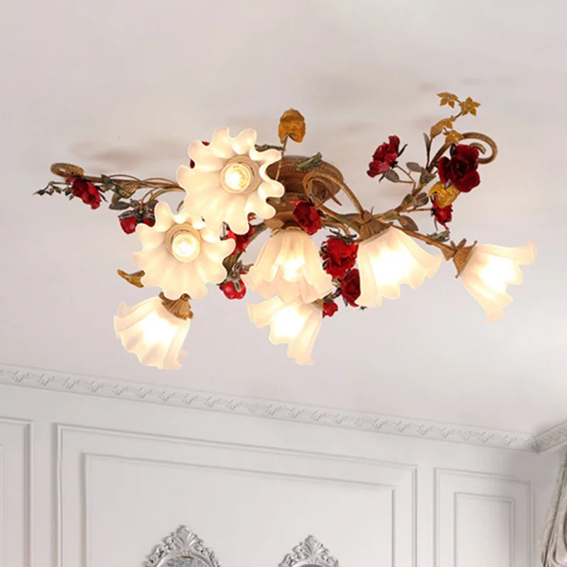 Lakiq Vintage Style Flower Glass Semi Flush Mount Ceiling Light Red Rose Decor Metal Ceiling Lamp for Living Room,7-light