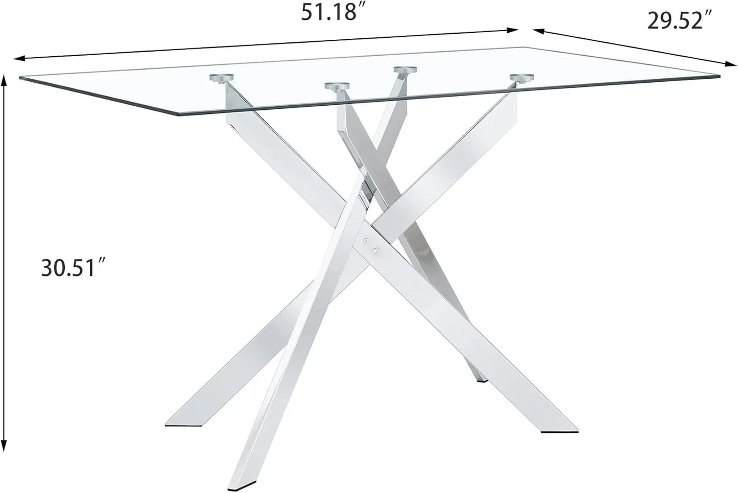 SSYBAB Glass Dining Table for 4 People, 51.2 Inches Rectangular Glass Kitchen Table with Silver Steel Legs, Modern Dining Room Table for Dinner Kitchen Dining Room