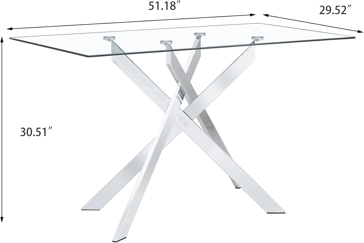 SSYBAB Glass Dining Table for 4 People, 51.2 Inches Rectangular Glass Kitchen Table with Silver Steel Legs, Modern Dining Room Table for Dinner Kitchen Dining Room