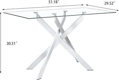 SSYBAB Glass Dining Table for 4 People, 51.2 Inches Rectangular Glass Kitchen Table with Silver Steel Legs, Modern Dining Room Table for Dinner Kitchen Dining Room