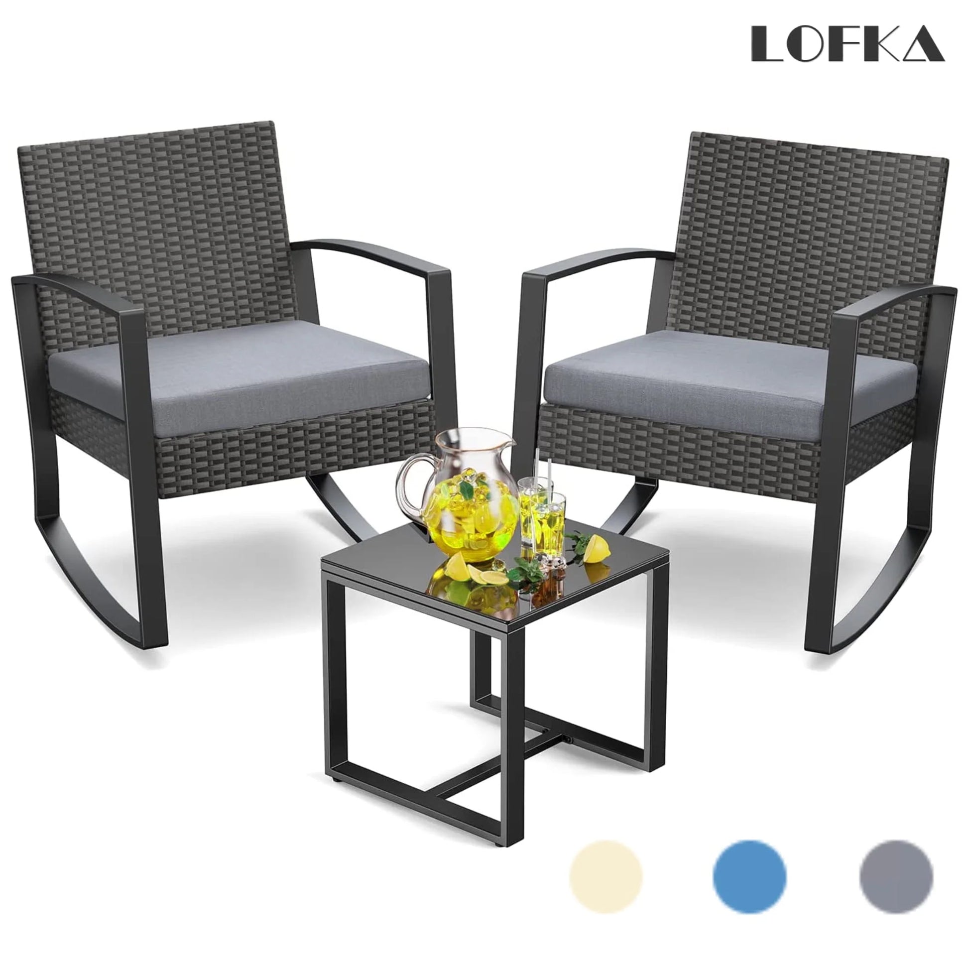 Patio Chairs Set, Outdoor Porch Balcony Furniture Set with Glass Coffee Table, Patio Rocking Wicker Chairs Set with Gray Cushion(Upgraded)