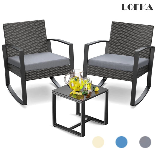 Patio Chairs Set, Outdoor Porch Balcony Furniture Set with Glass Coffee Table, Patio Rocking Wicker Chairs Set with Gray Cushion(Upgraded)