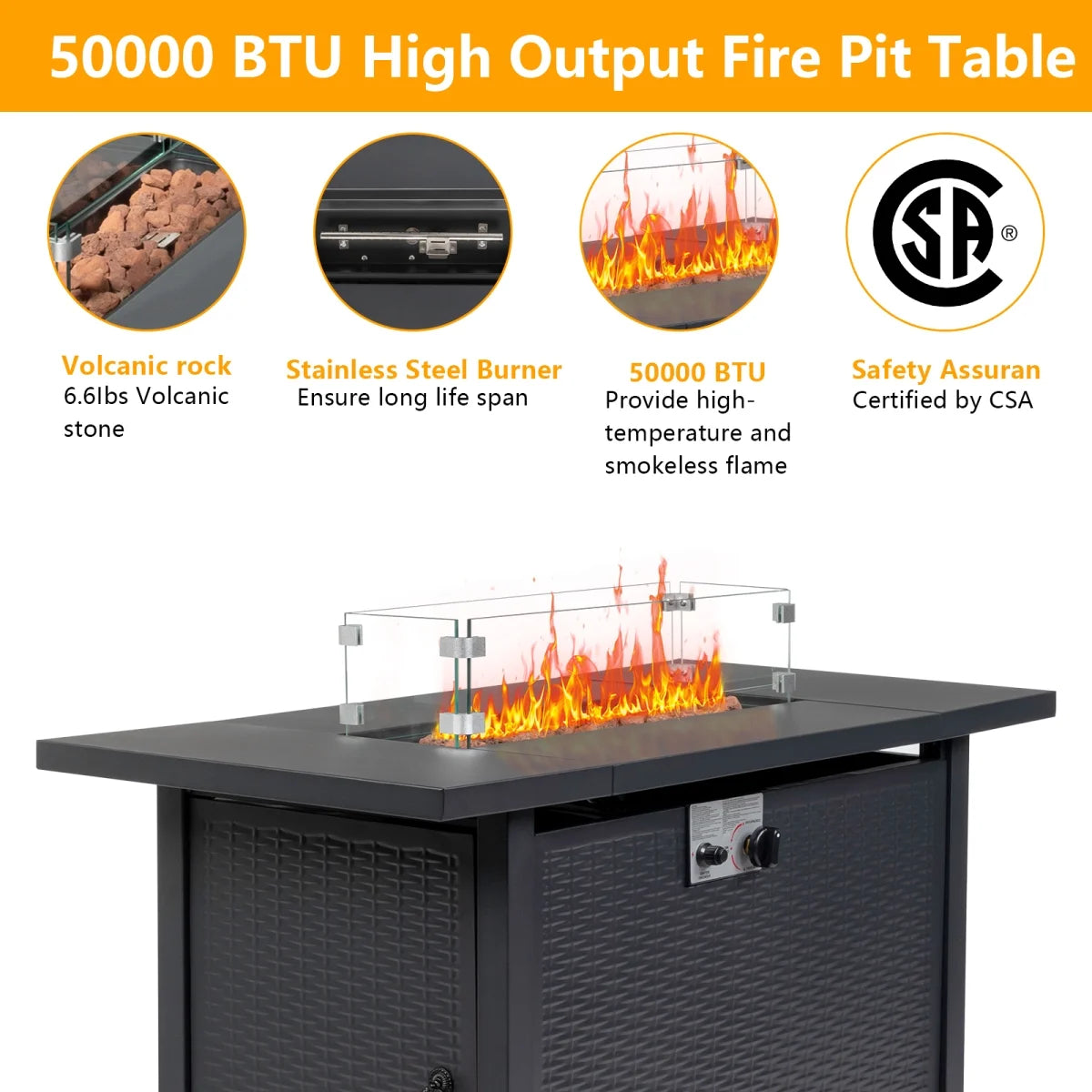 43 in Propane Fire Pit Table, 50,000 BTU Auto-Ignition Fire Pit Table, Gas Fire Pits for Outside with Glass Stone and Waterproof Cover, Grey Rattan, CSA Certification for Garden/Patio/Backyard