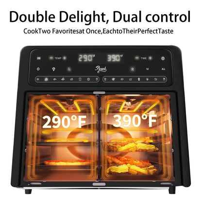 PwZzk 25.4QT Dual Zone Air Fryer Toaster Oven Combo, French Glass Door, XL Capacity, 100-430° F Temperature Range, 16 Preset Functions, LED Display, Dual Fan, 360° Heat Circulation, Rotisserie, Bake,