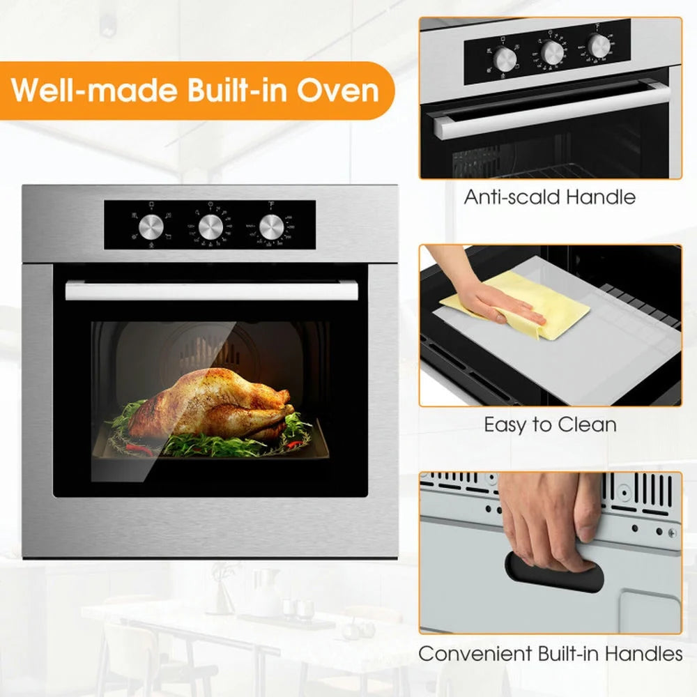Canddidliike 24 Inch Single Wall Oven 2.47Cu.ft with 5 Cooking Modes and 360° Hot Air Circulation, Single Wall Oven, Well-made Built-in Oven with 3-layer Tempered Glass for Indoor, Silver