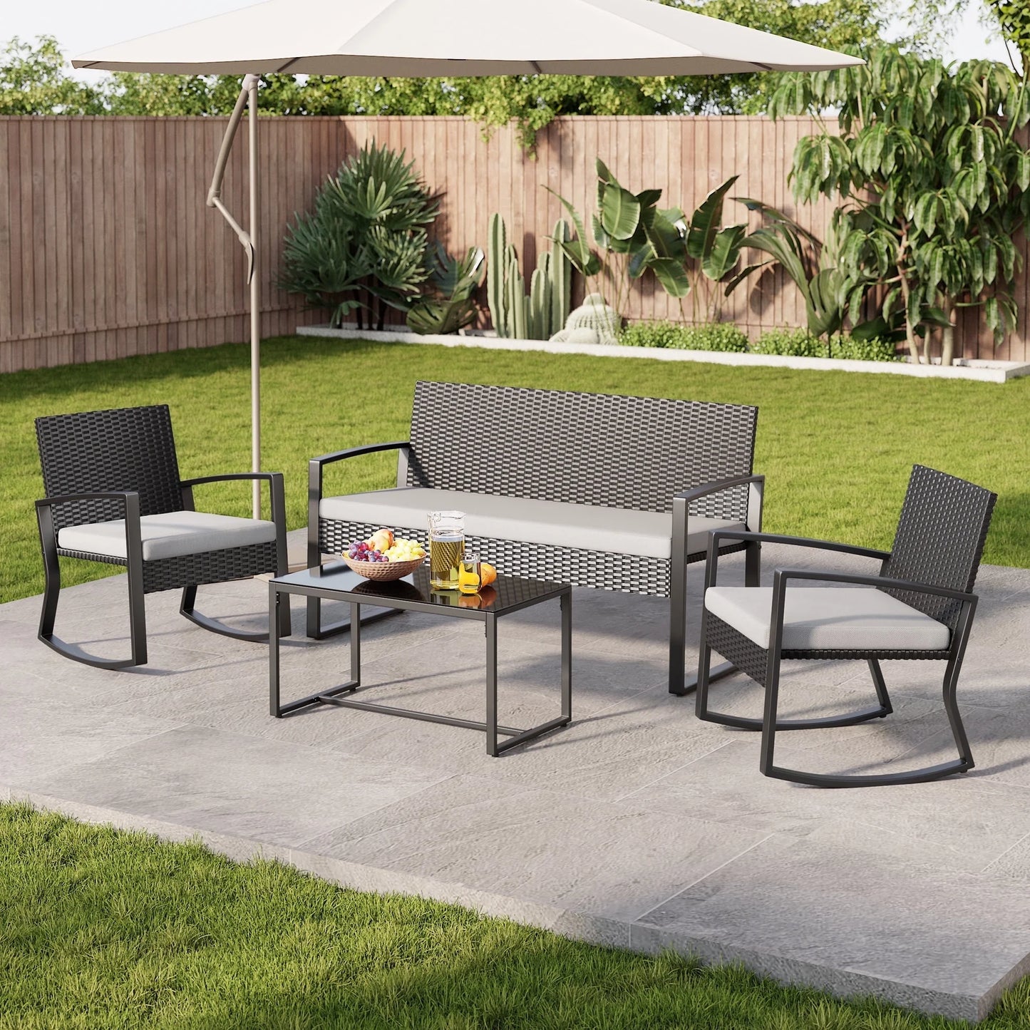 Patio Furniture Set for 4,Lofka 4 Pieces Patio Comversation Set with Outdoor Rocking Chairs,Rattan Loveseat,Glass Bistro Coffee Table,Removable Cushion for Backyard Balcony Lawn Pool,Gray