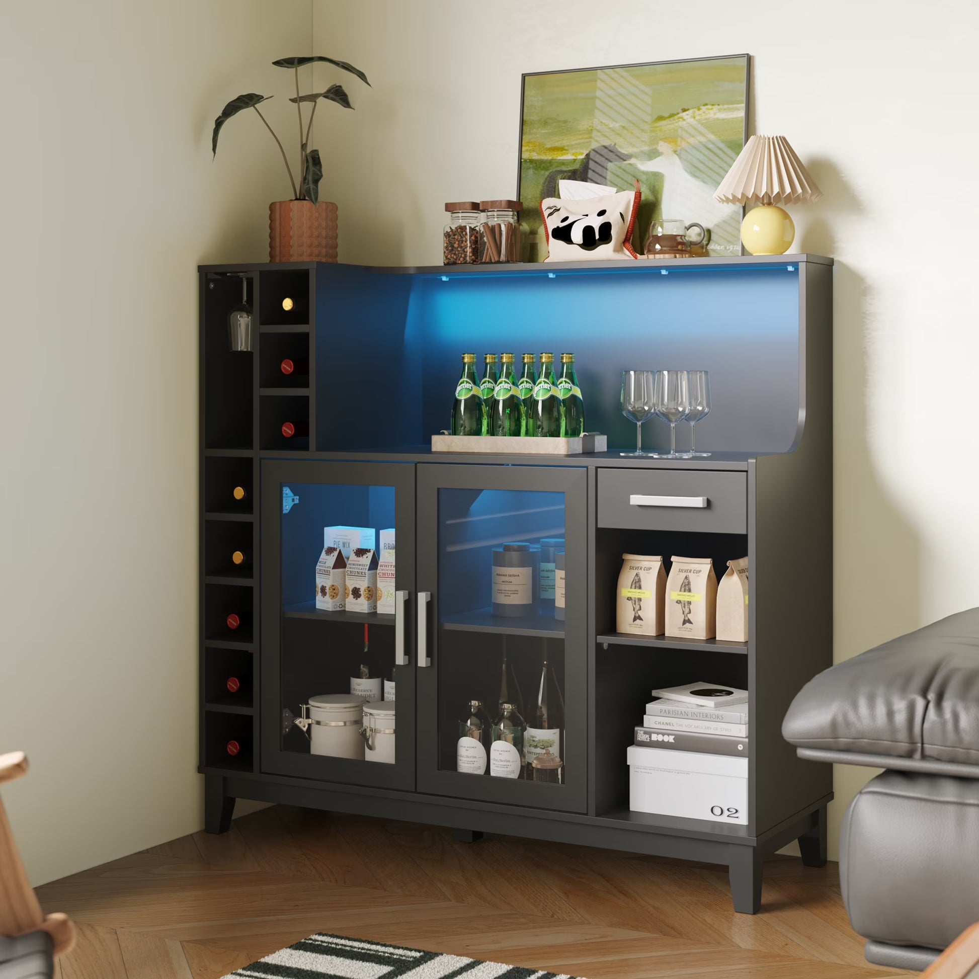 LINSY HOME Wine Bar Cabinet with LED Light, Home Coffee Cabinet with Wine and Glass Rack, Kitchen Buffet Sideboard with Storage Cabinet& Drawers, White