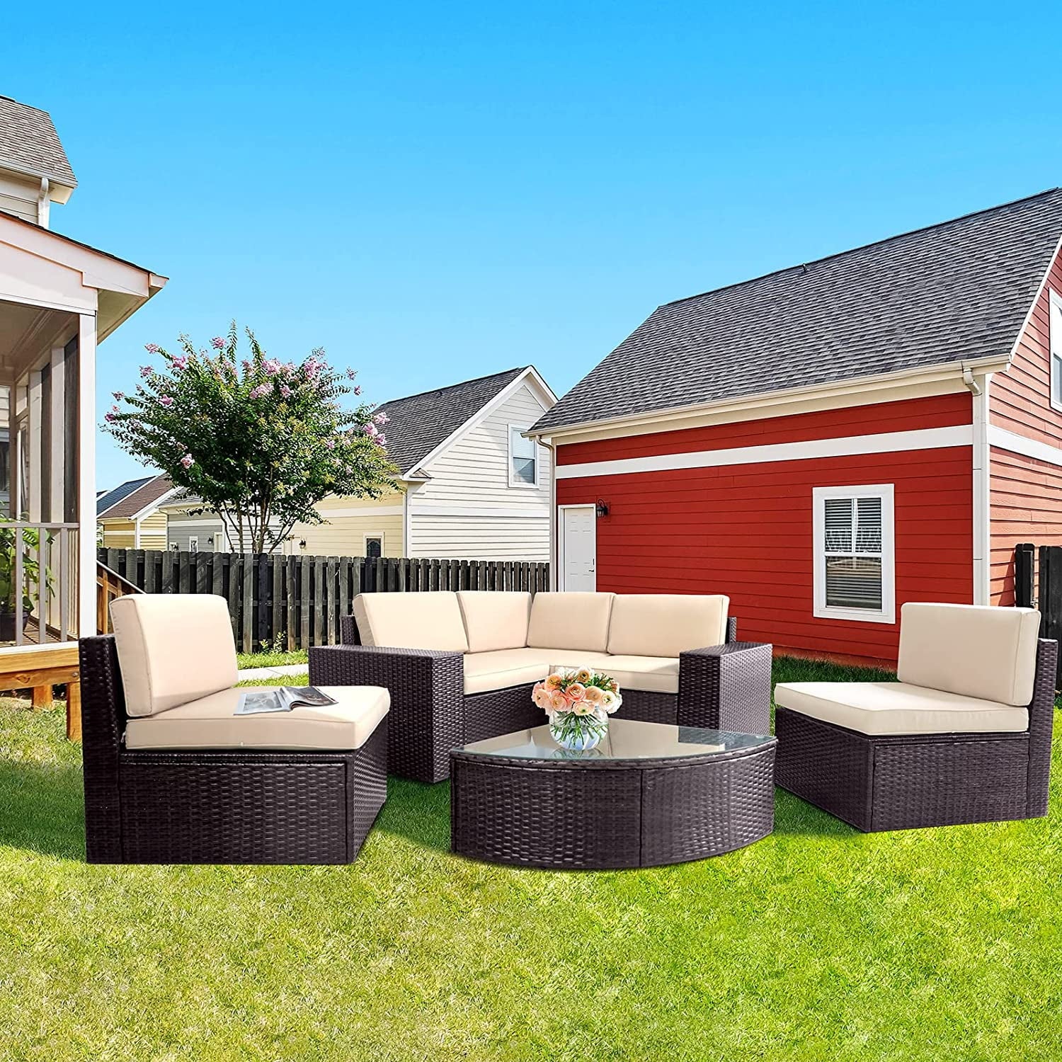 SOLAURA 6-Piece Patio Furniture Outdoor Conversation Set Patio All-Weather Wicker Sectional Sofa with Glass Coffee Table and Brown Cushions