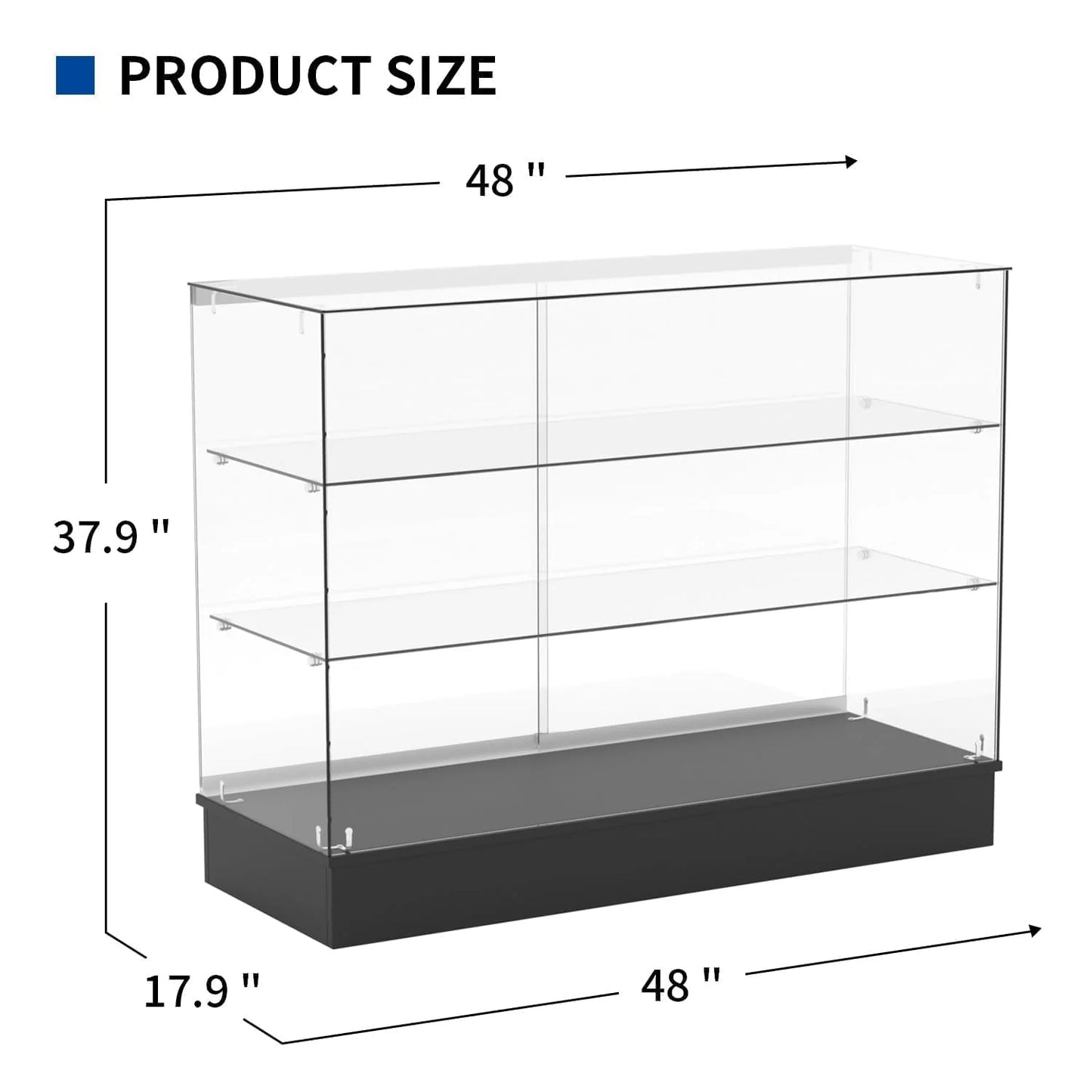 48" W x 18" D x 38" H - White Full Vision Retail Display Case, Tempered Glass Display Cabinet with Glass Shelves and Lock, Storage Cabinets for Retail and Collectible Display