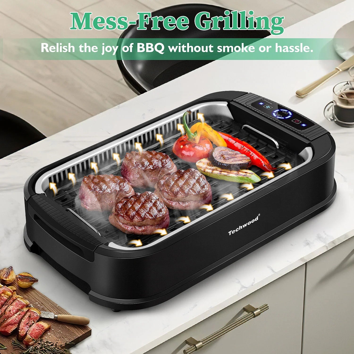 Techwood Indoor Smokeless Grill, 1500W, Black, Electric Portable Korean BBQ Grill with Tempered Glass Lid