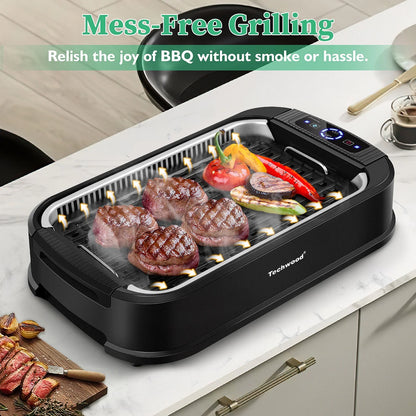 Techwood Indoor Smokeless Grill, 1500W, Black, Electric Portable Korean BBQ Grill with Tempered Glass Lid