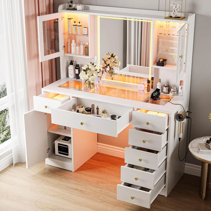 iPormis Vanity Desk with Mirror and Lights, Glass Top Makeup Vanity with RGB Light and Charging Station for Girls , White