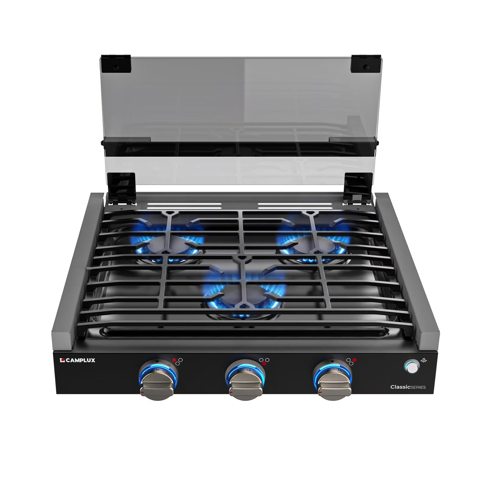 CAMPLUX RV Cooktop 3 Burners Slide-in, Outdoor Propane Cooktop Stove with Tempered Glass Cover, 21 inches Gas Rangetop, 21,000BTU, Black