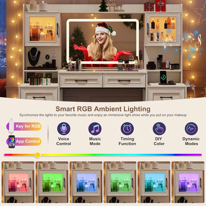 ChVans 62'' Large Vanity Desk with Tempered Glass Top & Charging Station, Farmhouse Makeup Vanity with 8 Storage Drawers & 2 LED Glass Storage Cabinets & 3 Lights Mode LED Mirror for Women Gift