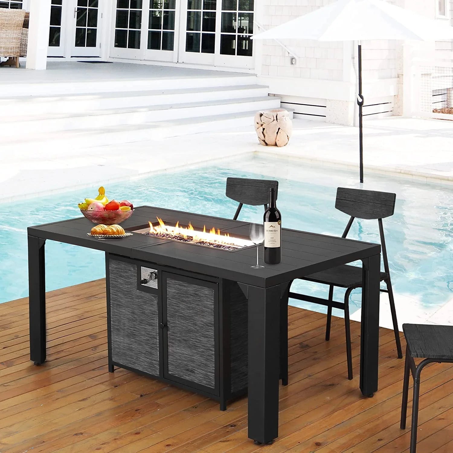 PIZZELLO Outdoor Rectangular Patio Fire Dining Table 62.5" for 6 with Fire Glass Bead, Black