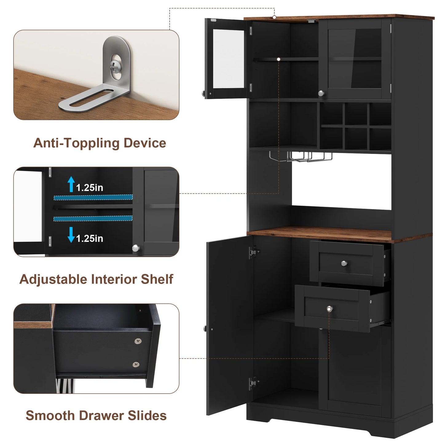 Homfa 75.2'' Kitchen Pantry Storage Cabinet with Wine Rack & Adjustable Shelf, 2 Drawer Modern Farmhouse Buffet with Glass Door for Dining Room Living Room, Black