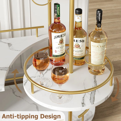 Garvee Bar Serving Cart, 3-Tier Storage Shelves & Wine Rack and Glass Holder, Golden & White