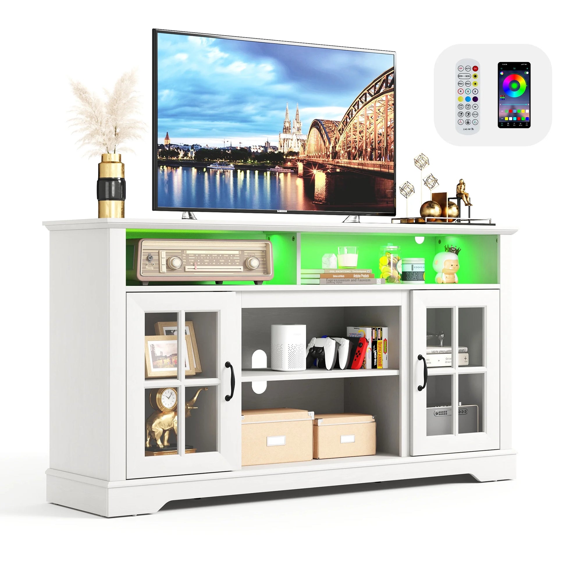 LINSY HOME Modern Glass TV Stand for TVs up to 65", LED Lights Home Entertainment Center with 2 Storage Cabinets and Adjustable Shelves, White