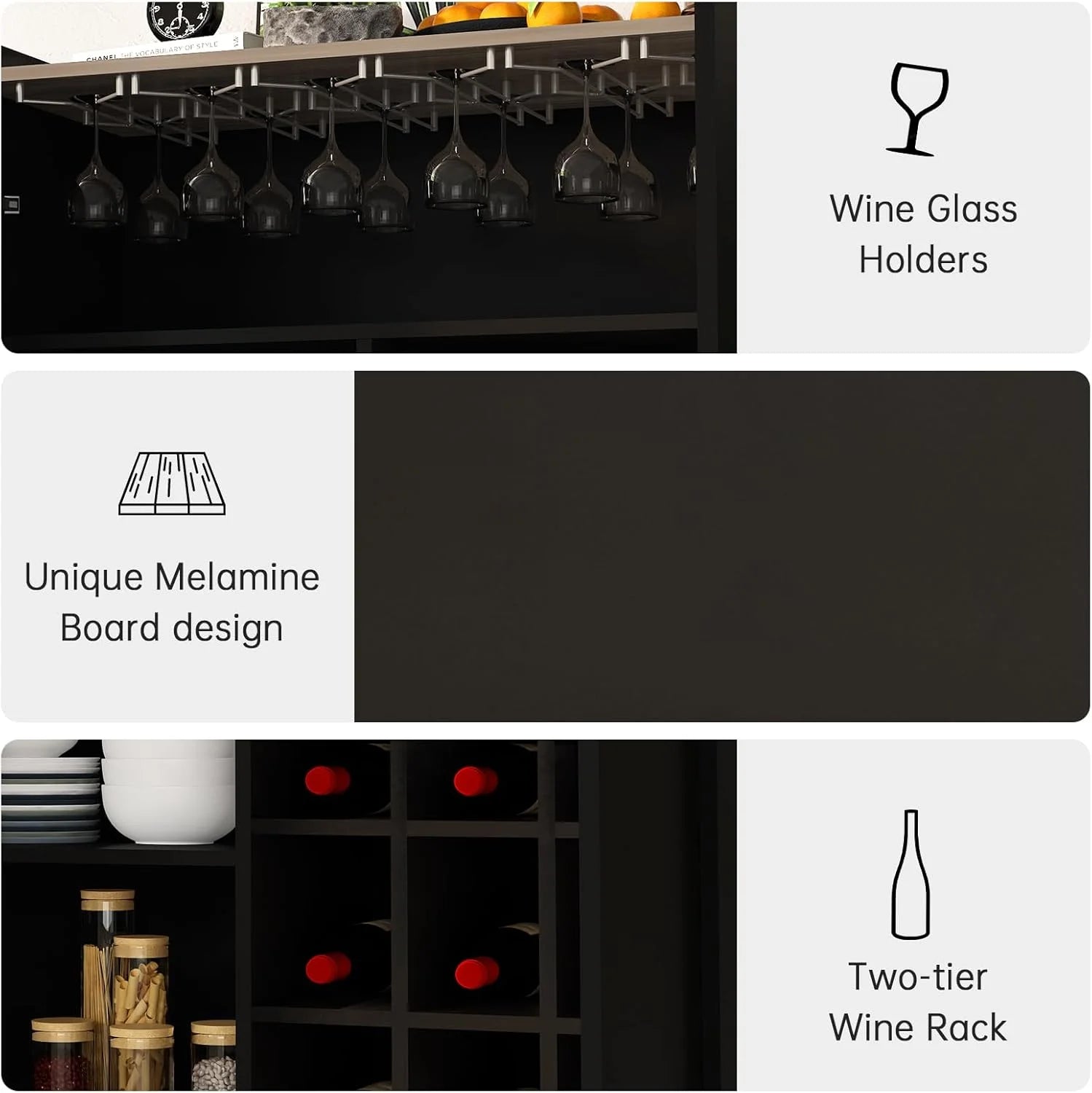 Lamerge Bar Cabinet, Black Industrial Bar Cabinet for Wine Glasses and Glasses, 37 Inch with Removable Wine Rack for Kitchen, Living Room Black
