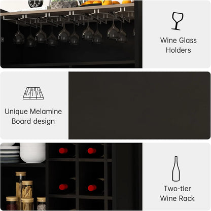 Lamerge Bar Cabinet, Black Industrial Bar Cabinet for Wine Glasses and Glasses, 37 Inch with Removable Wine Rack for Kitchen, Living Room Black