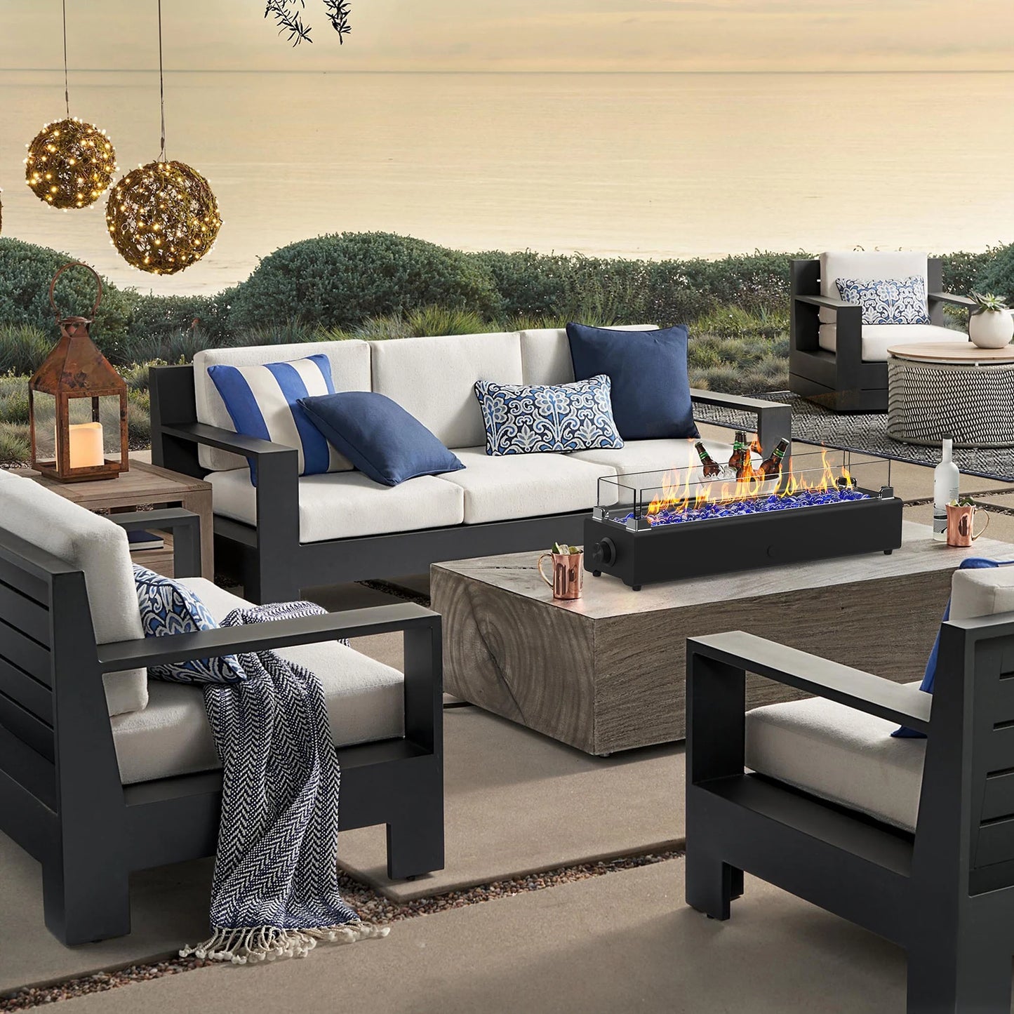 28-inch Table Top Gas Fire Pit, 40,000 BTU Tabletop Propane Fire Pit Portable Fireplace for Patio, Outdoor w/Wind Glass Shield, Glass Rocks, Carbon Gray