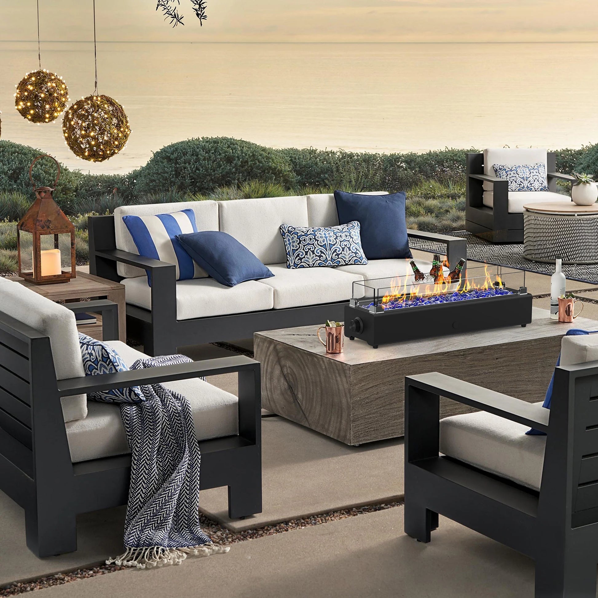 28-inch Table Top Gas Fire Pit, 40,000 BTU Tabletop Propane Fire Pit Portable Fireplace for Patio, Outdoor w/Wind Glass Shield, Glass Rocks, Carbon Gray