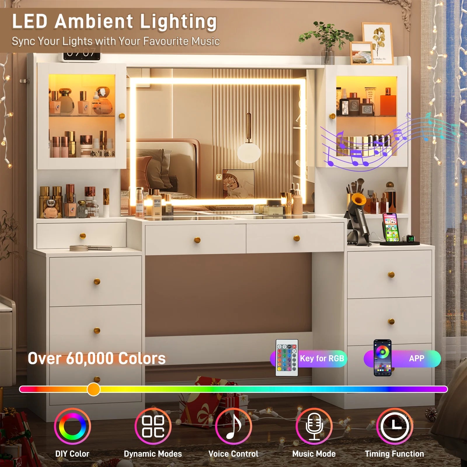 Blotout 62'' Large Vanity Desk w/60000-color LED Lights, Tempered Glass Top, Power Outlet, Makeup Vanity Table w/3 Lights Mode Mirror, 9 Drawers, 2 RGB Cabinets, LED Dressing Table for Girls, Women