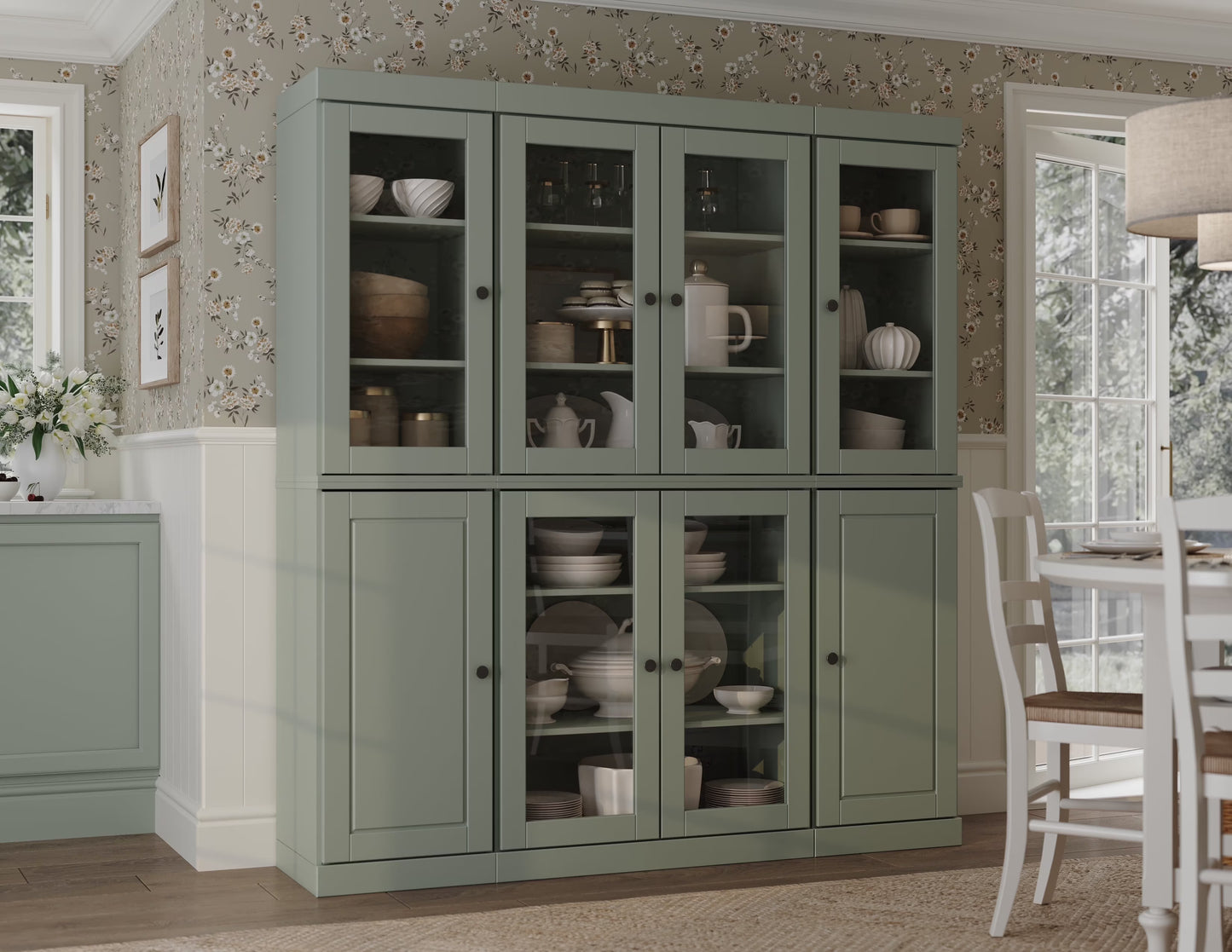 Palace Imports 100% Solid Wood Kitchen Pantry Storage Cabinet with Glass Doors and Adjustable Shelves, Black