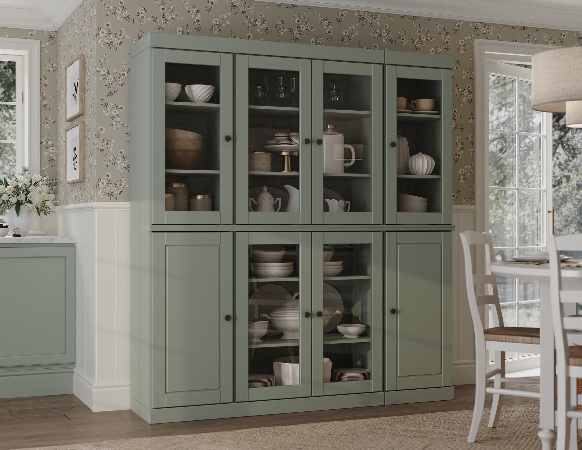 Palace Imports 100% Solid Wood Kitchen Pantry Storage Cabinet with Glass Doors and Adjustable Shelves, Black