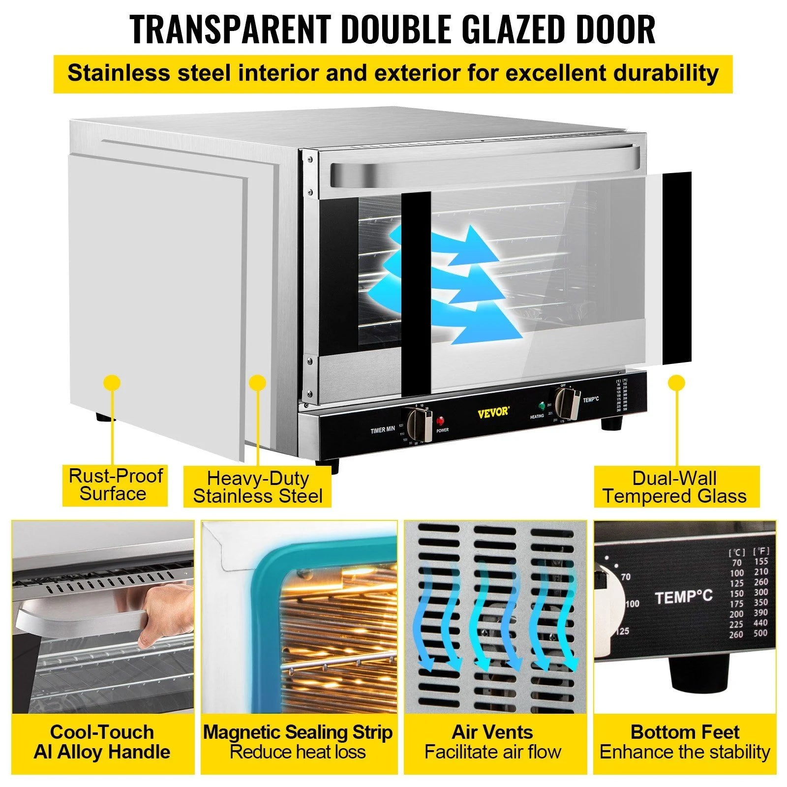 Commercial Convection Oven 47L/43Qt, Half-Size Electric Countertop Baking Oven, 1600W 4-Tier Toaster w/Front Glass Door, Wire Racks, Tray, Bread Clip & Gloves, 120V ETL Listed