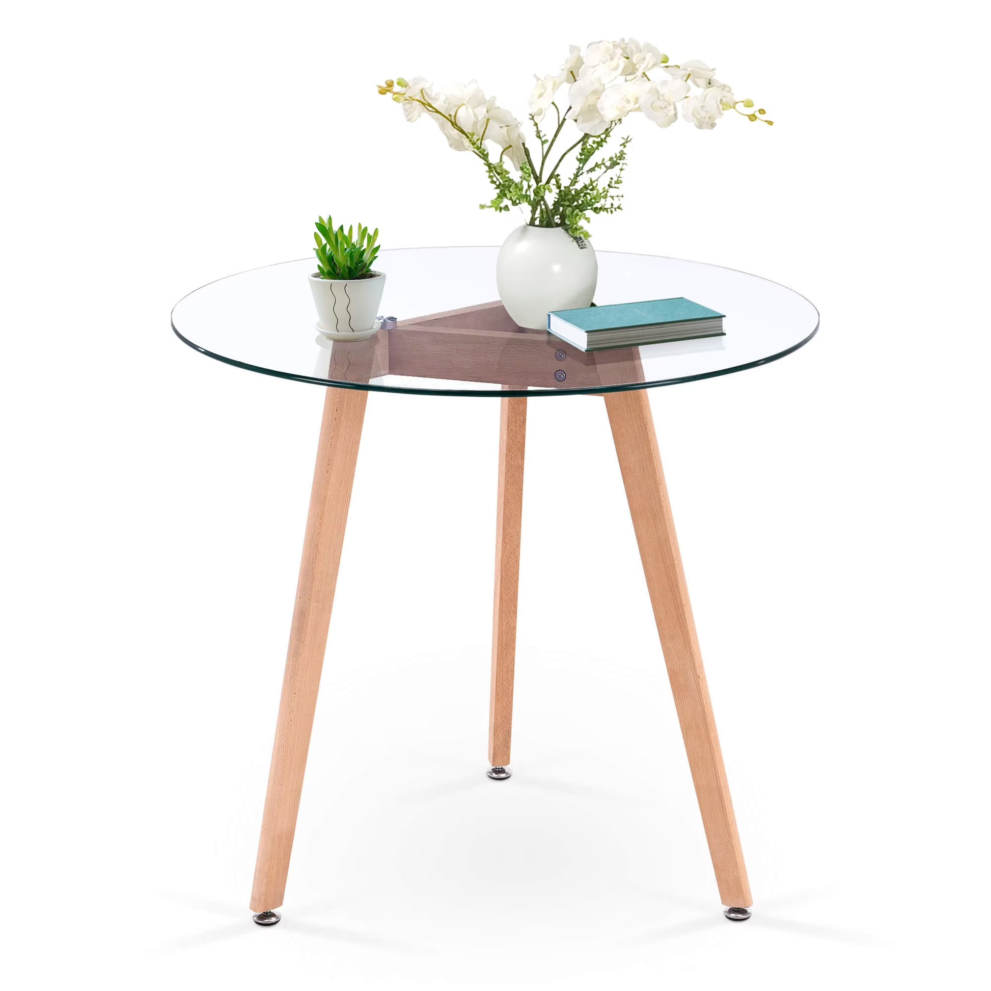 Ivinta Modern Round Glass Home Kitchen Small Dining Table Brown Oak Legs 31.5 inch